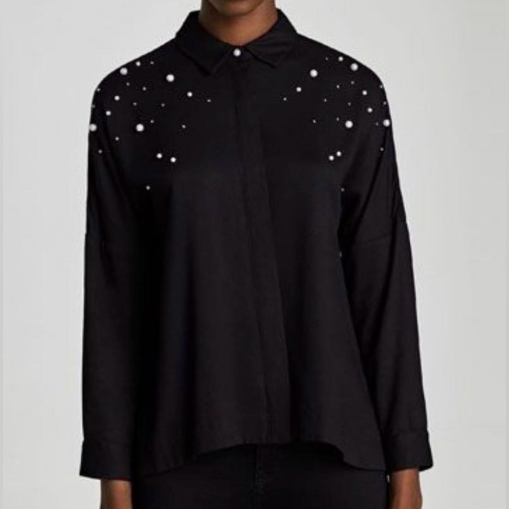 ZARA Black Long Sleeve Button-Up Shirt with Pearl Accents – Size S